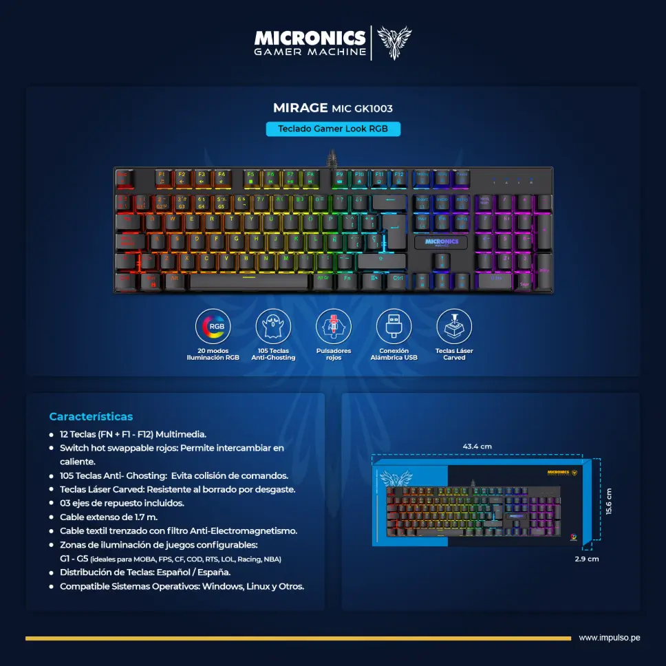 TECLADO  GAMER MECANICO MIRAGE GK1003 RGB  USB  MICRONICS