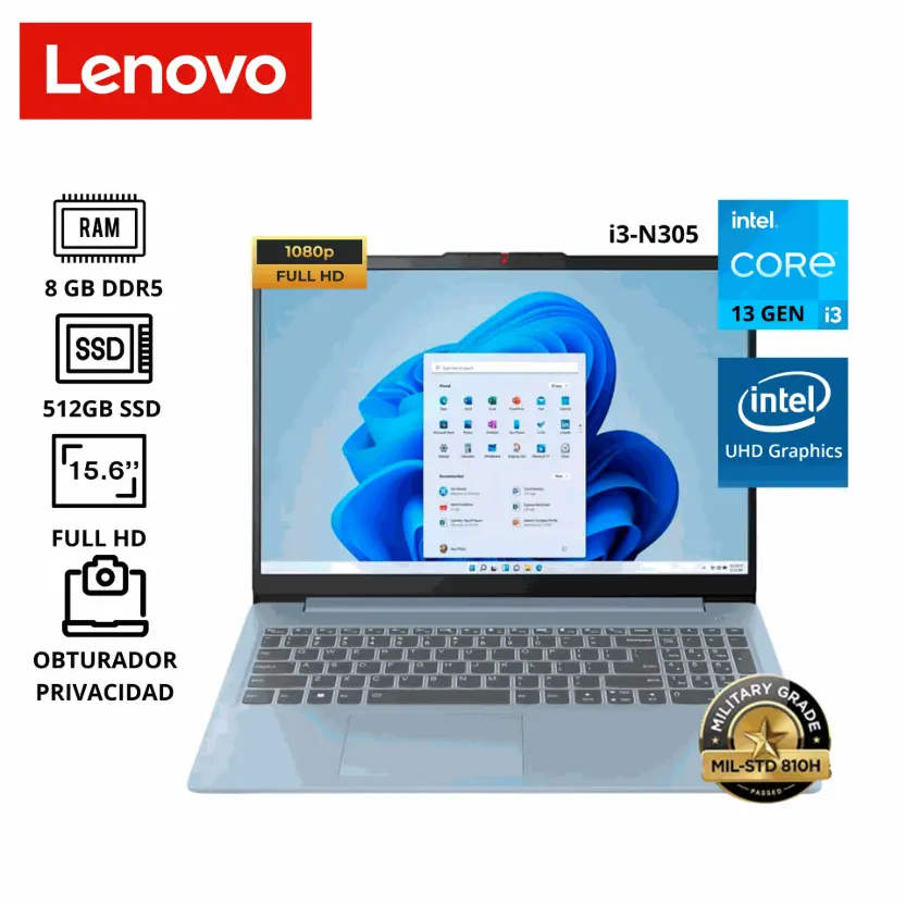 LAPTOP LENOVO IDEAPAD SLIM 3 15IAN8 INTEL CORE™ I3-N305 RAM 8GB DISCO 512GB SSD 15.6" FHD
