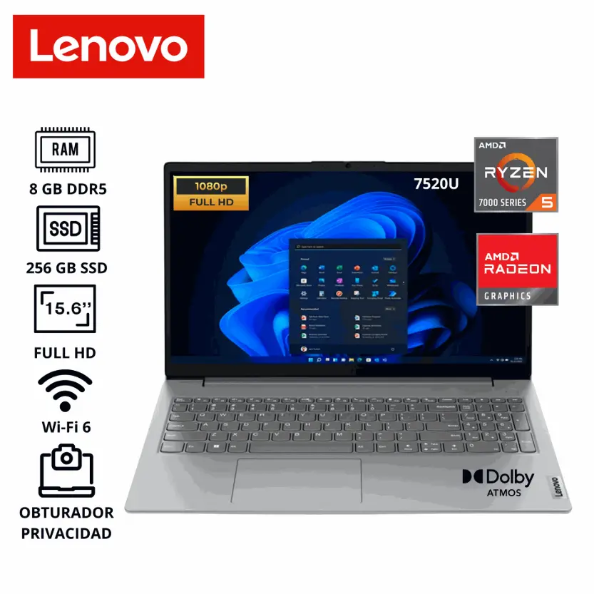 LAPTOP LENOVO V15 G4 AMN , Ryzen 5 7520U , RAM 8GB DDR5 , Disco 256GB SSD , 15.6" FHD , FreeDos.