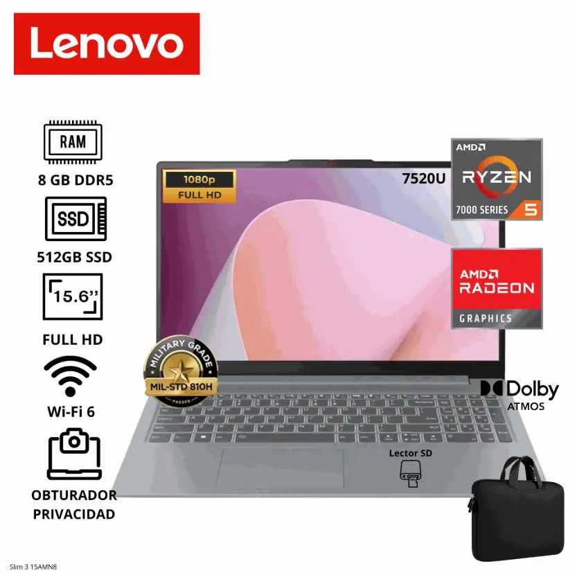 LAPTOP LENOVO IdeaPad Slim 3 15AMN8, Amd RYZEN 5 7520U, 8GB DDR5, SSD 512GB, 15.6" / MALETIN