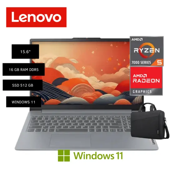 LAPTOP LENOVO IDEAPAD SLIM 3 AMD RYZEN 5 7520U 16GB DDR5-5500 SSD 512 15.6" FHD WIN 11 / MALETIN