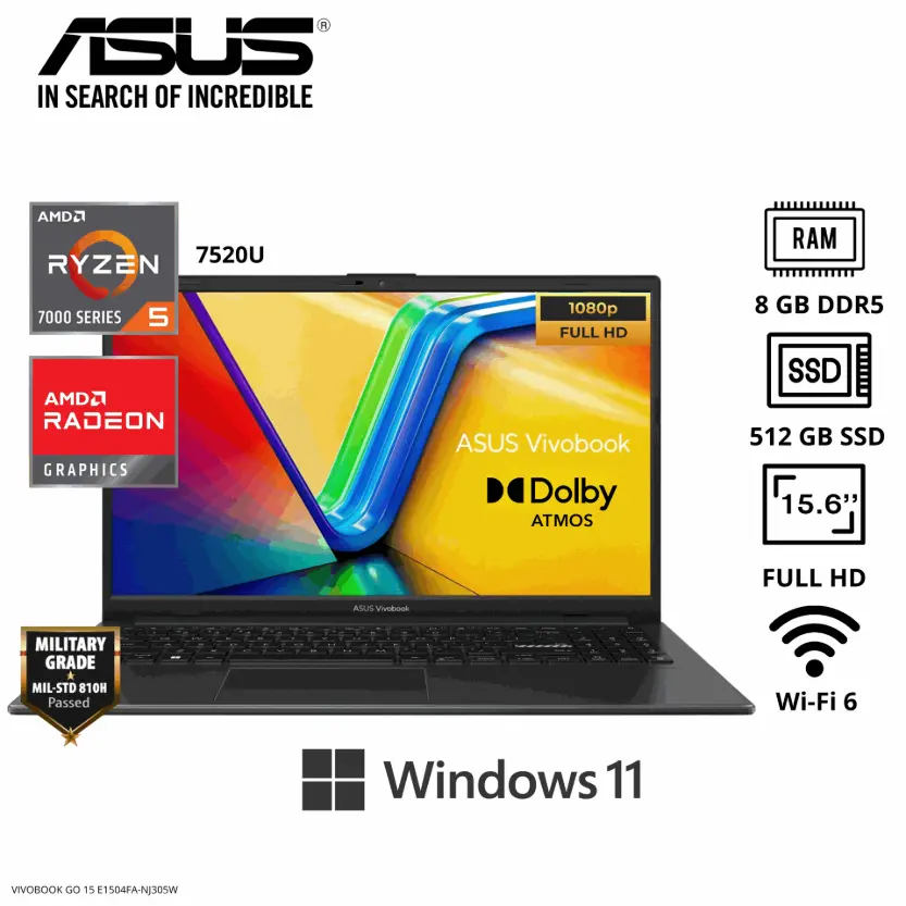 LAPTOP ASUS VIVOBOOK GO 15 E1504FA-NJ305W 15.6" AMD RYZEN 5 7520U 8GB RAM 512GB SSD WIN11