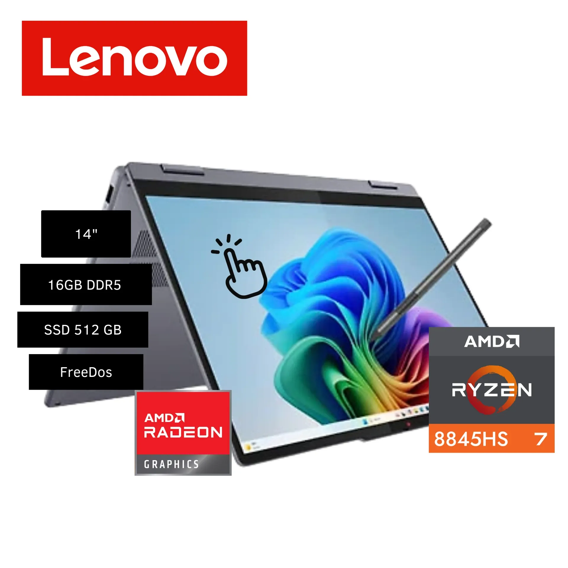 LAPTOP LENOVO IDEAPAD 5 AMD RYZEN 7 8845HS 2 EN 1 14AHP9 16GB RAM 512GB SSD 14" WUXGA - FREE