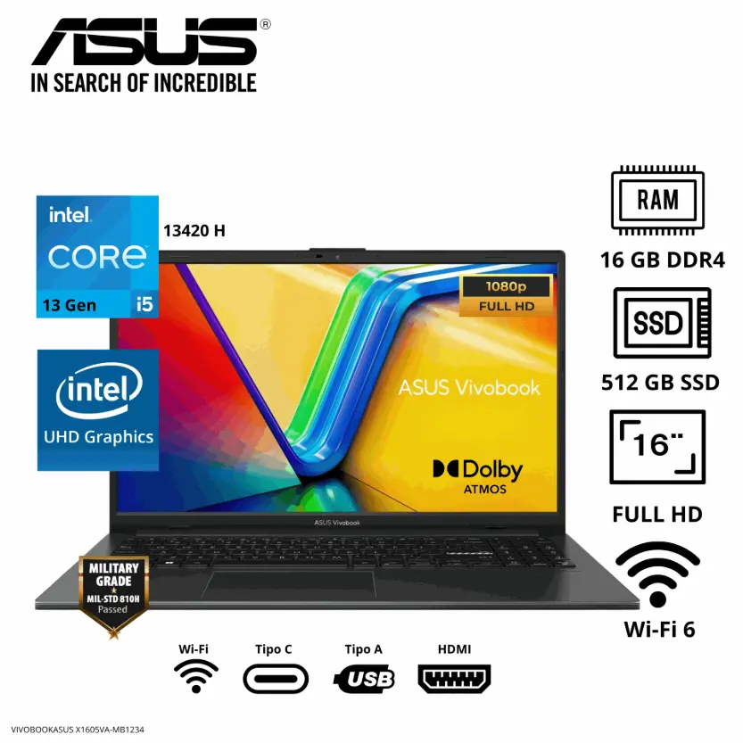 LAPTOP ASUS VIVOBOOK 16 X1605VA-MB1234 CORE I5-13420H 16" WUXGA, RAM 16GB, SSD 512GB, FREEDOS, INDIE BLACK, FREEDOS