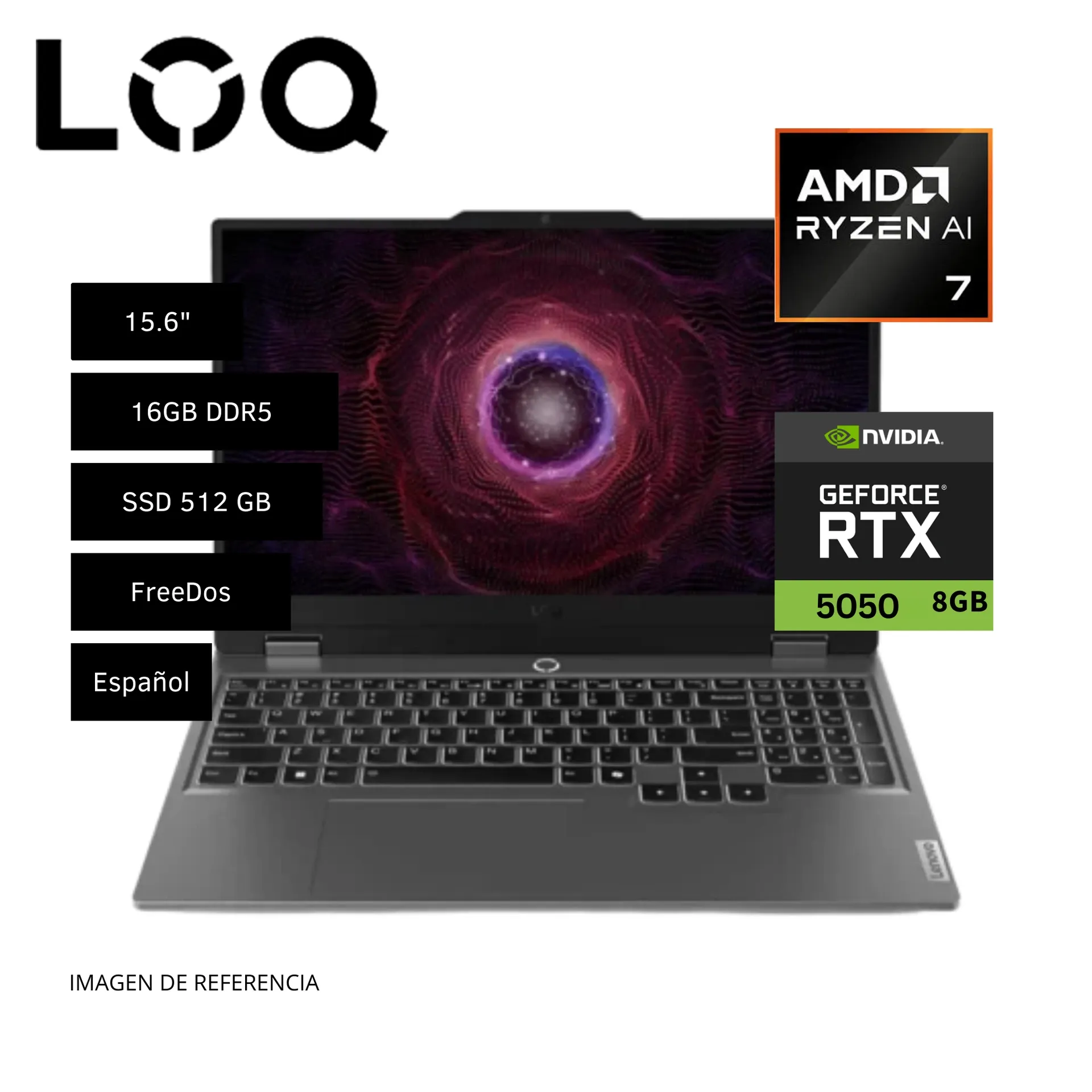 LAPTOP LENOVO LOQ 15AHP10 ( 83JG007VLM ) | AMD RYZEN 7 250 5.6GHZ | RAM 16GB DDR5 | SSD 512GB | PANTALLA 15,6" FHD | NVIDIA GEFORCE RTX 5050 8GB | FREEDOS
