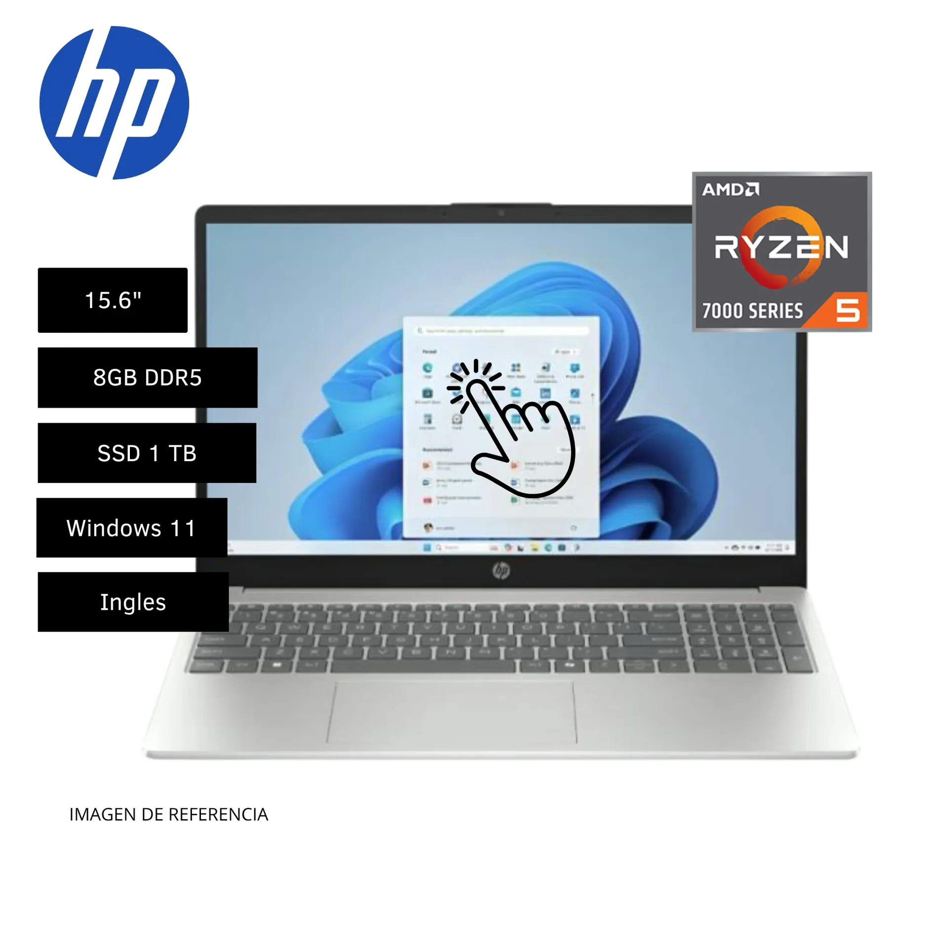 LAPTOP HP 15-FC0025WM 15.6" RYZEN 5-7520U 8GB 1TB WIN 11 INGLÉS PLATEADO TOUCH