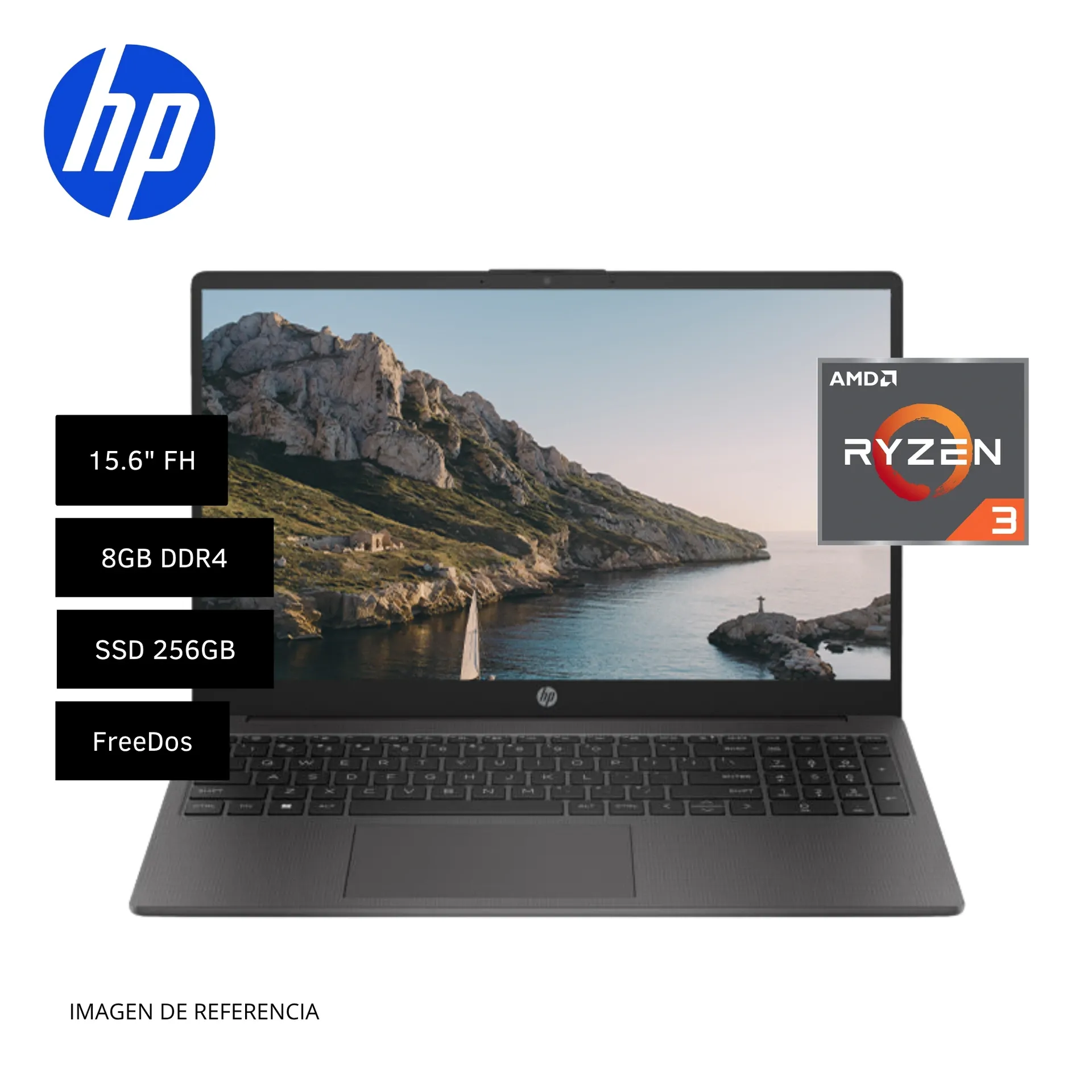 LAPTOP HP 255 G10, AMD RYZEN™ 3 7330U, 8GB RAM DDR4-3200, 256GB SSD, 15.6" HD, FREEDOS