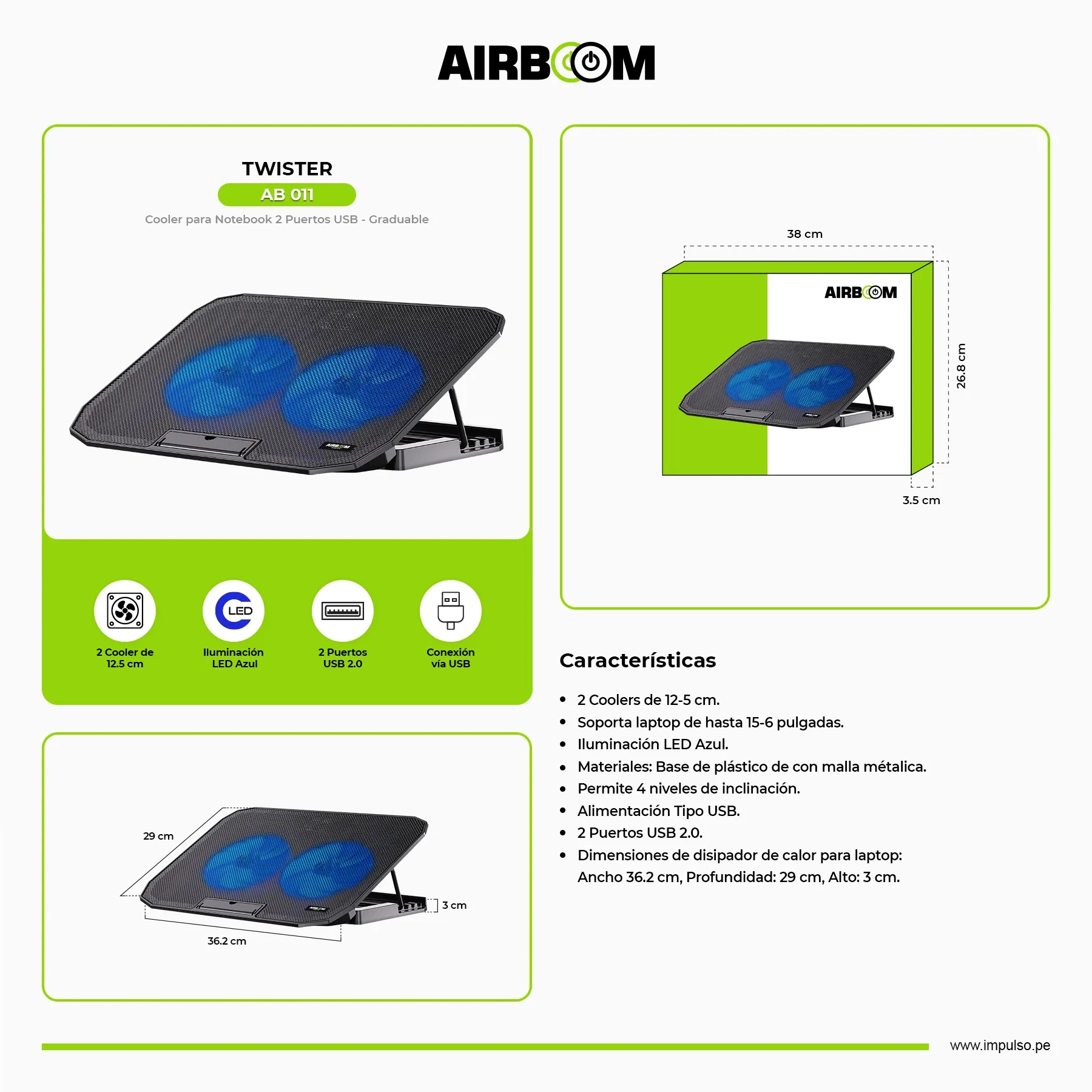 COOLER PARA LAPTOP CON LED 2USB NEGRO AIRBOOM TWISTER AB011