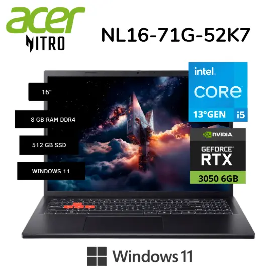 LAPTOP ACER NITRO LITE NL16-71G-52K7 INTEL CORE I5 13420H 8GB RAM 512GB SSD 16” RTX 3050 6GB WIN 11