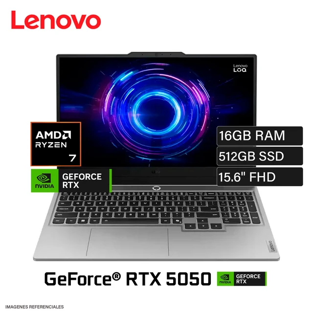 LAPTOP LENOVO LOQ 15AHP10 ( 83JG007VLM ) | AMD RYZEN 7 250 5.6GHZ | RAM 16GB DDR5 | SSD 512GB | PANTALLA 15,6" FHD | NVIDIA GEFORCE RTX 5050 8GB | FREEDOS