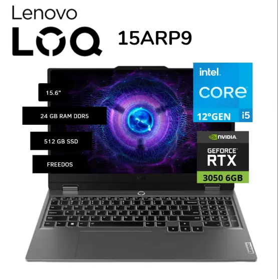 LAPTOP LENOVO LOQ 15IAX9. CORE I5-12450HX, 15.6 FHD RAM 24GB , SSD 512GB, RTX 3050 6GB FREE