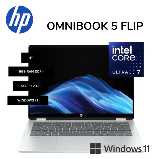 LAPTOP  HP OMNIBOOK 5 FLIP 14-FP0023 - Core™ 7 150U 512GB SSD 16GB 14" (1920x1200)  TOUCHSCREEN WIN11 GLACIER SILVER