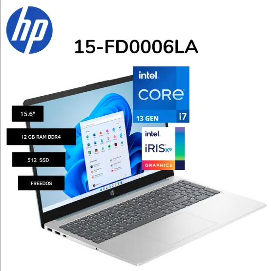 LAPTOP HP 15-FD0006LA INTEL CORE I7-1355U 5.0GHZ, RAM 12GB DDR4, SSD 512GB, 15.6" FHD, FREEDOS
