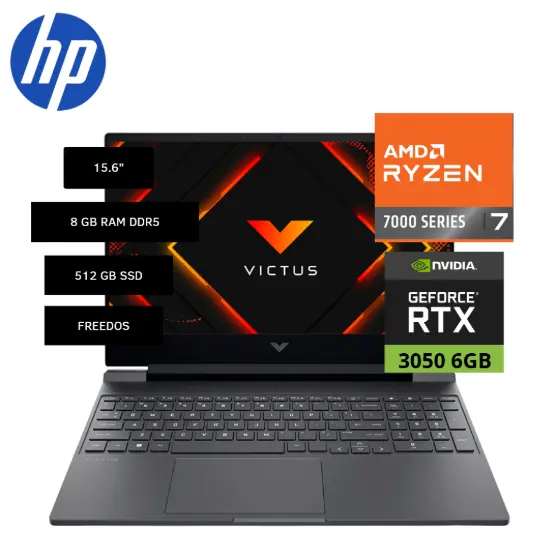 LAPTOP GAMING HP VICTUS 15-FB3019LA, 15.6" FHD IPS, AMD RYZEN 7 7445HS HASTA 4.7GHZ, 8GB RAM, 512GB SSD, RTX 3050 6GB, FREEDOS