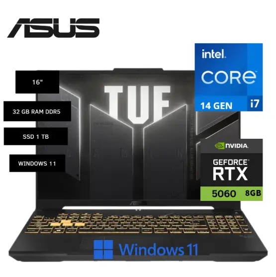 LAPTOP ASUS TUF F16 FX608JMR GAMING  FX608JMR-F16.I75060 - Core i7-14650HX 1TB SSD 32GB 16"  165Hz  NVIDIA® RTX 5060 8GB